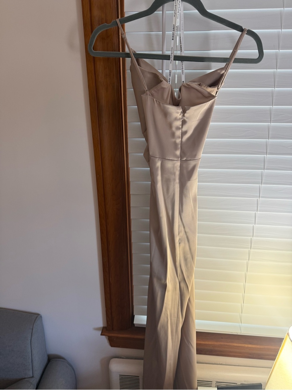 Birdy Grey Satin Spaghetti-Strap Dress in Taupe